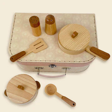 Wooden cooking set in a case
