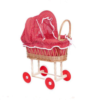 Wicker Stroller with Red & White Dot Fabric