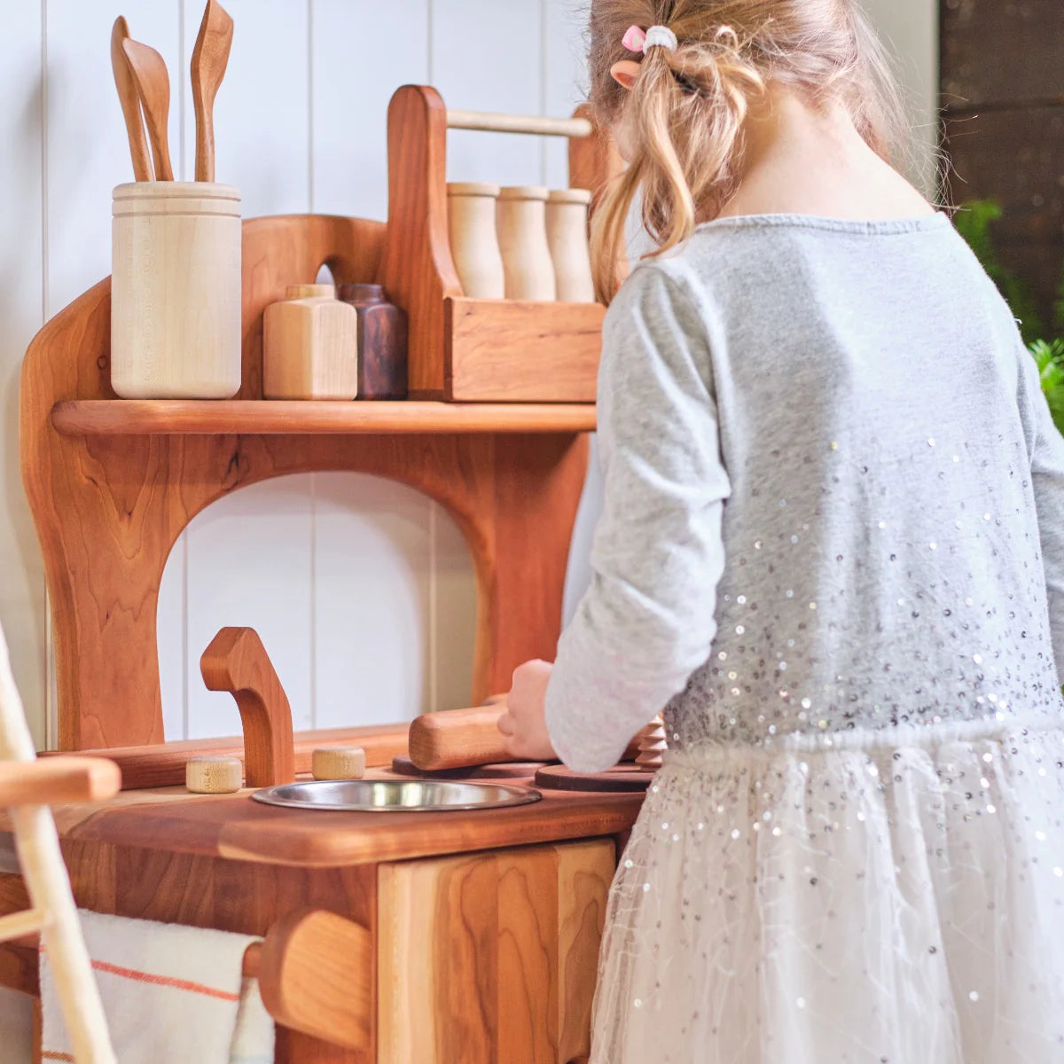 Simple Handmade Wooden Hearth Play Kitchen, Cherry