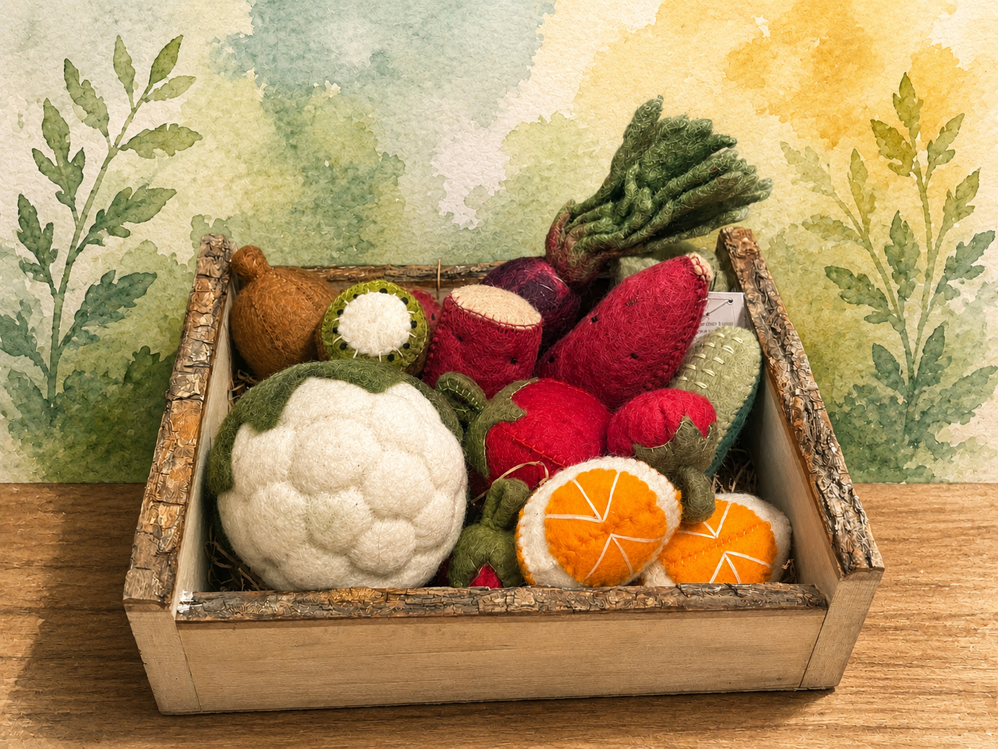 mixed veggies and fruit on wooden tray